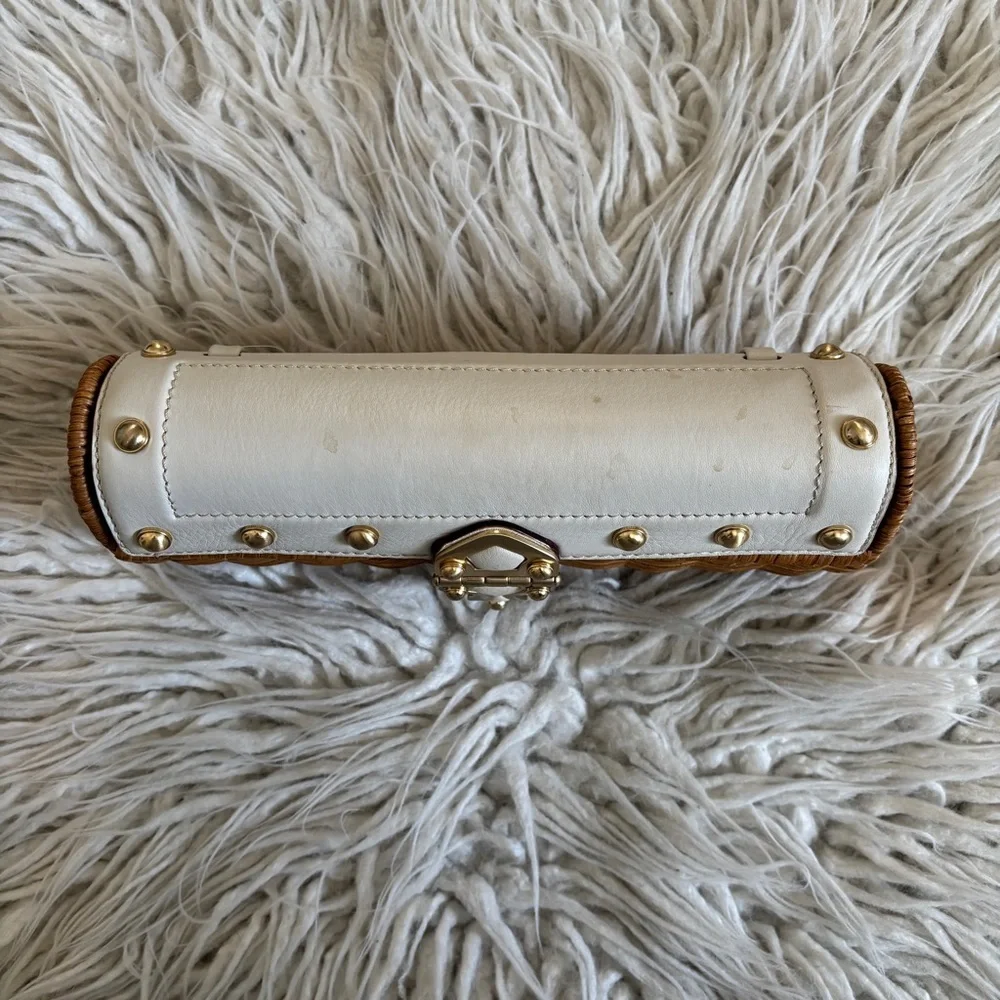 Michael Kors Wicker Minaudière Santorini White Leather Gold Studded Straw Clutch